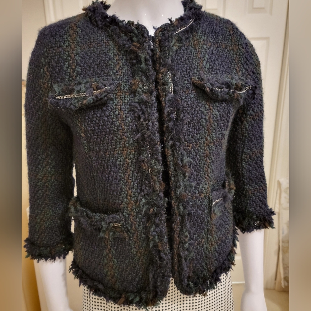 NWT Joe Fresh Navy/Green/Brown Tartan Plaid Tweed Blazer Jacket, Size 10